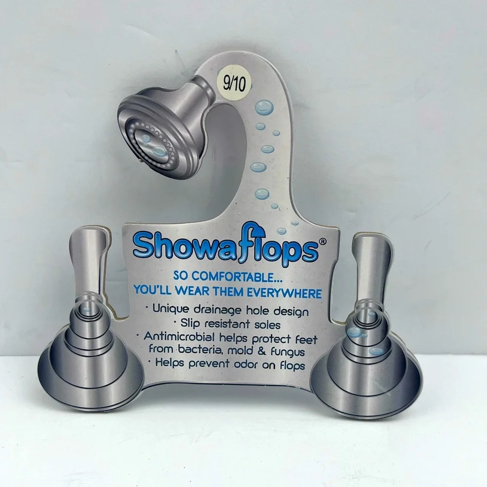 SHOWAFLOPS NON-SKID SHOWER FLIP FLOP W/ATHLETIC STRIPES, DRAIN HOLES, SIZE 9/10